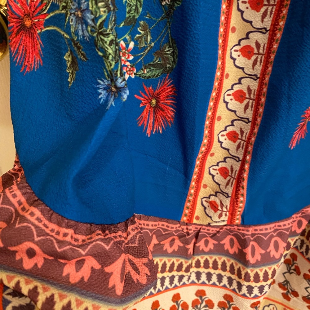 NWT Umgee Blue Off Shoulder Babydoll Floral Mini Dress Tassels bell sleeves Boho - Picture 11 of 13